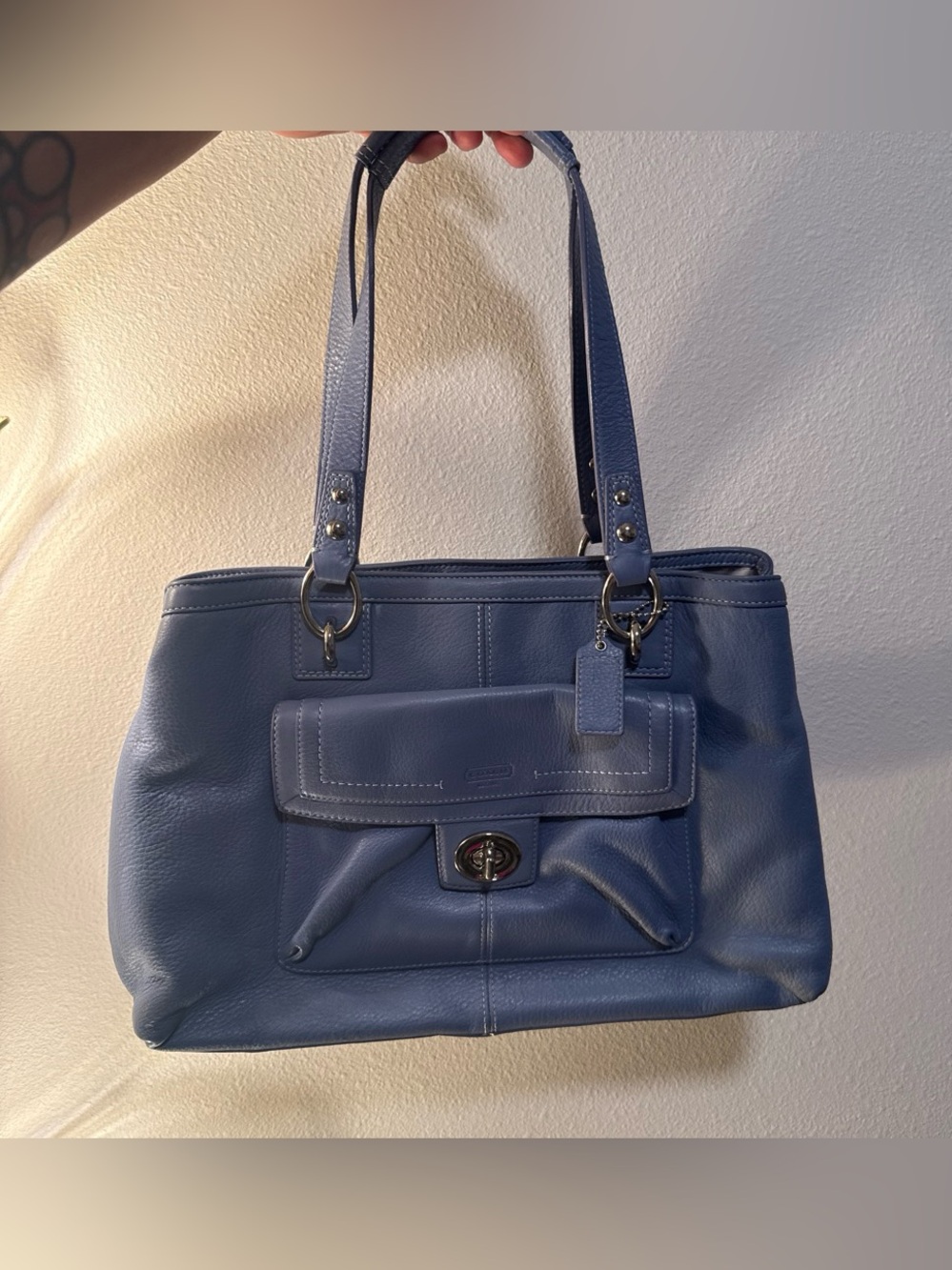 Coach Periwinkle Leather Shoulder Tote with Front Flap Pocket